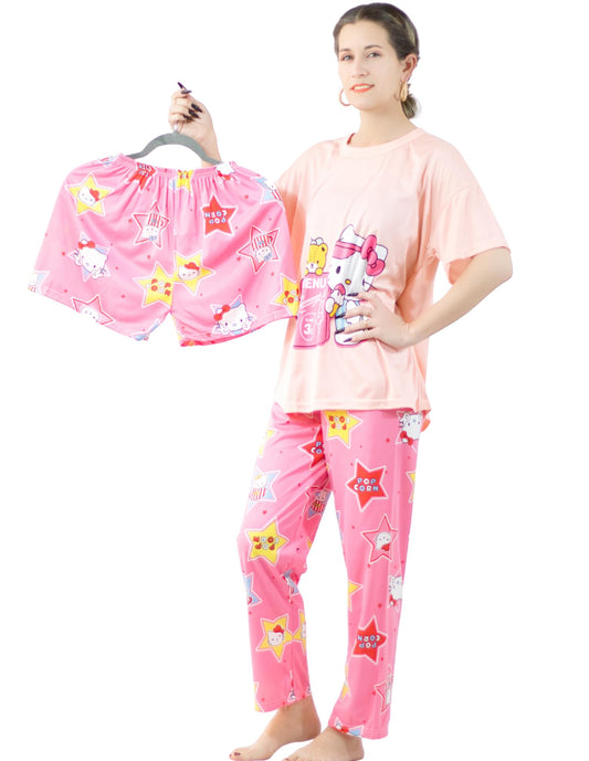 Pijama de 3 Piezas para Mujer Pantalon Short y Camisa, Ropa para Dormir de Dama Cómoda Multi Set a Juego