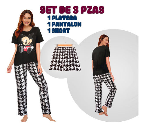 Pijama De 3 Piezas Mujer Pantalon Short Y Playera A Juego