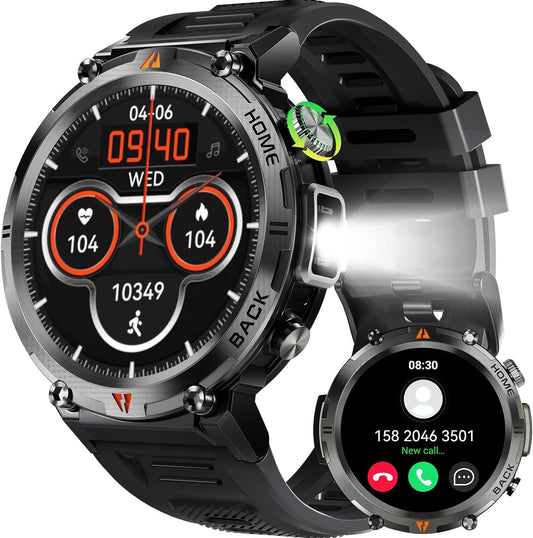 Smartwatch  militar para hombres con linterna LED 1.45" resistente 3ATM impermeable Smartwatch con 100+ modos de deportes Fitness Tracker con monitor de ritmo cardíaco sueño.