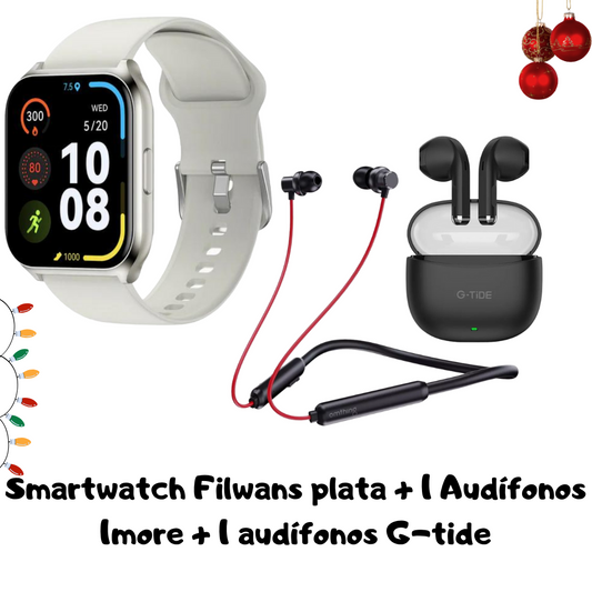 Combo navideño Smartwatch Filwans Gts Mini + 1more Lace audífonos + Audífonos bluetooth G-tide.