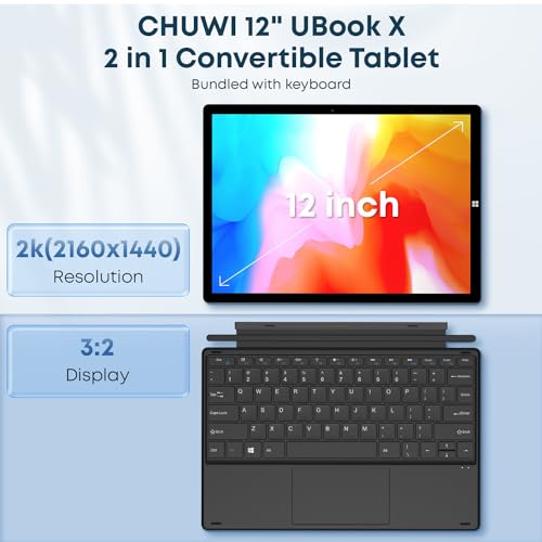 Tableta Windows 11 , CHUWI 12 Pulgadas UBook X 2 en 1  Touchscreen Tableta con Teclado, 12GB RAM 512GB SSD, Intel Core i5-10210Y, 2160X1440 IPS,HDMI,2.4G/5G WiFi,Bluetooth,Cámara Dual,Tipo C, USB3.0