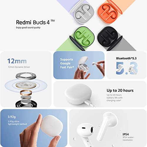 Xiaomi Redmi Buds 4 Lite TWS - Auriculares inalámbricos Bluetooth 5.3 de baja latencia con cancelación de ruido de llamada AI, IP54 impermeable, tiempo de reproducción de 20 horas, auriculares ligeros y cómodos, color blanco