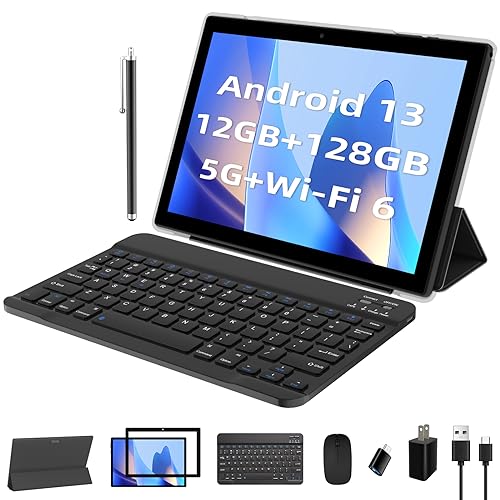 Tablet 10 pulgadas Android 13 Tablet 12 GB RAM 128 GB ROM, tabletas 2 en 1 con teclado, procesador 2.0 Ghz, 5G/WiFi 6, Bluetooth 5.0, 10 horas de duración de la batería, visualización IPS Tablet PC