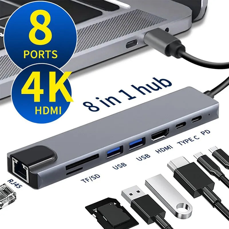 Hub USB tipo C 8 en 1, adaptador HDMI 3,1 a 4K con lector de tarjetas RJ45 SD/TF PD, carga rápida para MacBook, Notebook, ordenador portátil